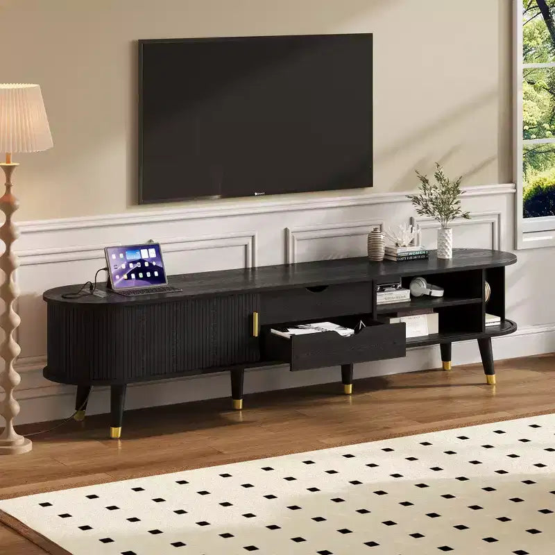 CLIHOME Wooden Oval Fluted TV Stand with Charging Station for TV up to 80, Mid-Century Media Console with Sliding Tambour Door