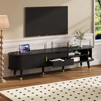 CLIHOME Wooden Oval Fluted TV Stand with Charging Station for TV up to 80, Mid-Century Media Console with Sliding Tambour Door
