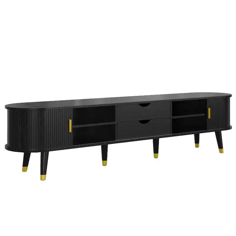 CLIHOME Wooden Oval Fluted TV Stand with Charging Station for TV up to 80, Mid-Century Media Console with Sliding Tambour Door