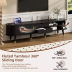 CLIHOME Wooden Oval Fluted TV Stand with Charging Station for TV up to 80, Mid-Century Media Console with Sliding Tambour Door
