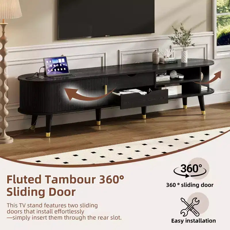 CLIHOME Wooden Oval Fluted TV Stand with Charging Station for TV up to 80, Mid-Century Media Console with Sliding Tambour Door