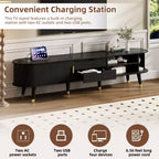 CLIHOME Wooden Oval Fluted TV Stand with Charging Station for TV up to 80, Mid-Century Media Console with Sliding Tambour Door