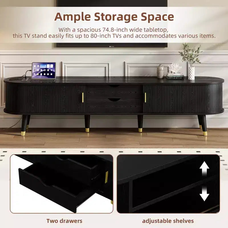 CLIHOME Wooden Oval Fluted TV Stand with Charging Station for TV up to 80, Mid-Century Media Console with Sliding Tambour Door