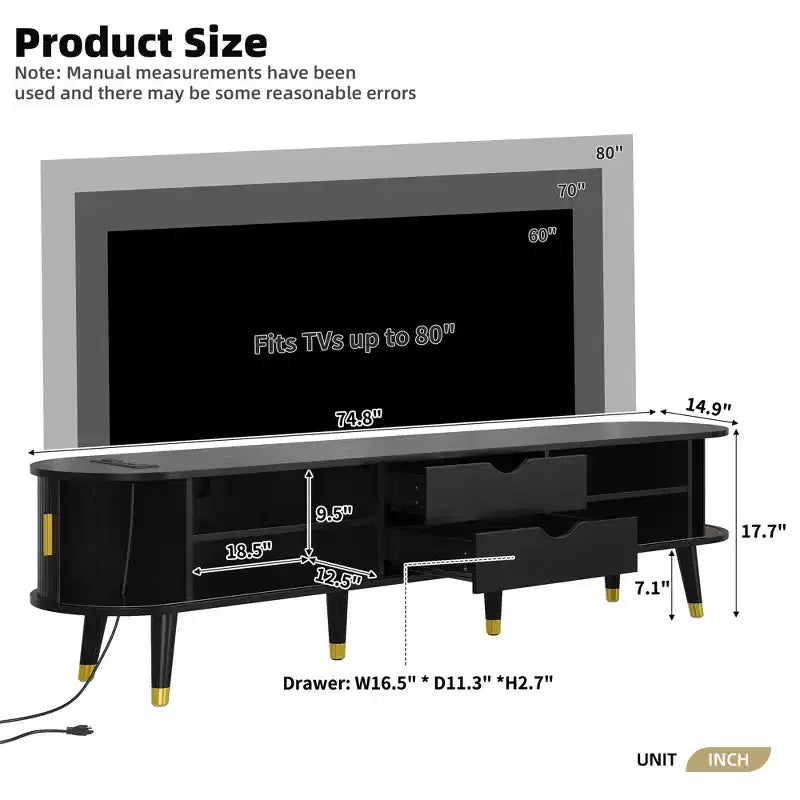CLIHOME Wooden Oval Fluted TV Stand with Charging Station for TV up to 80, Mid-Century Media Console with Sliding Tambour Door