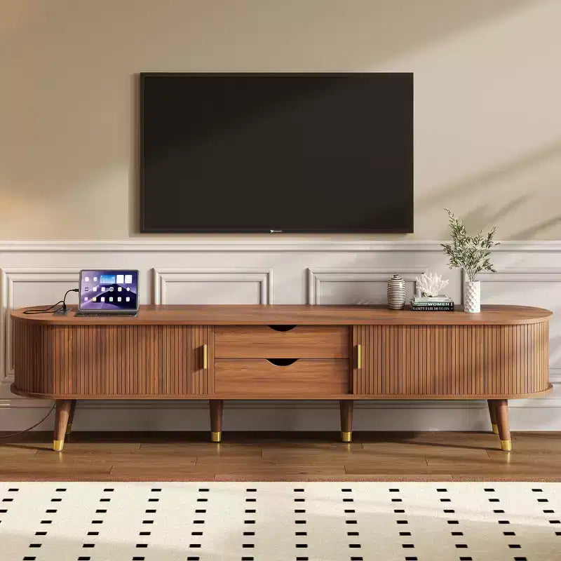 CLIHOME Wooden Oval Fluted TV Stand with Charging Station for TV up to 80, Mid-Century Media Console with Sliding Tambour Door