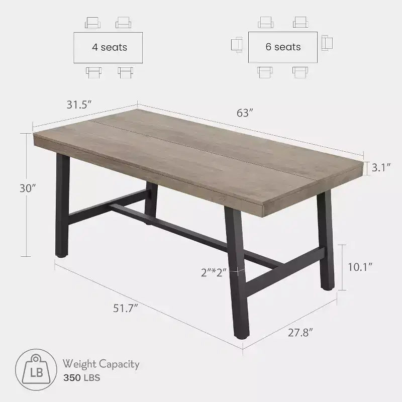 63 Industrial Dining Table for 4-6 People, Wooden Kitchen Table with Sturdy Metal Frame, Rectangular Counter for Dining Room