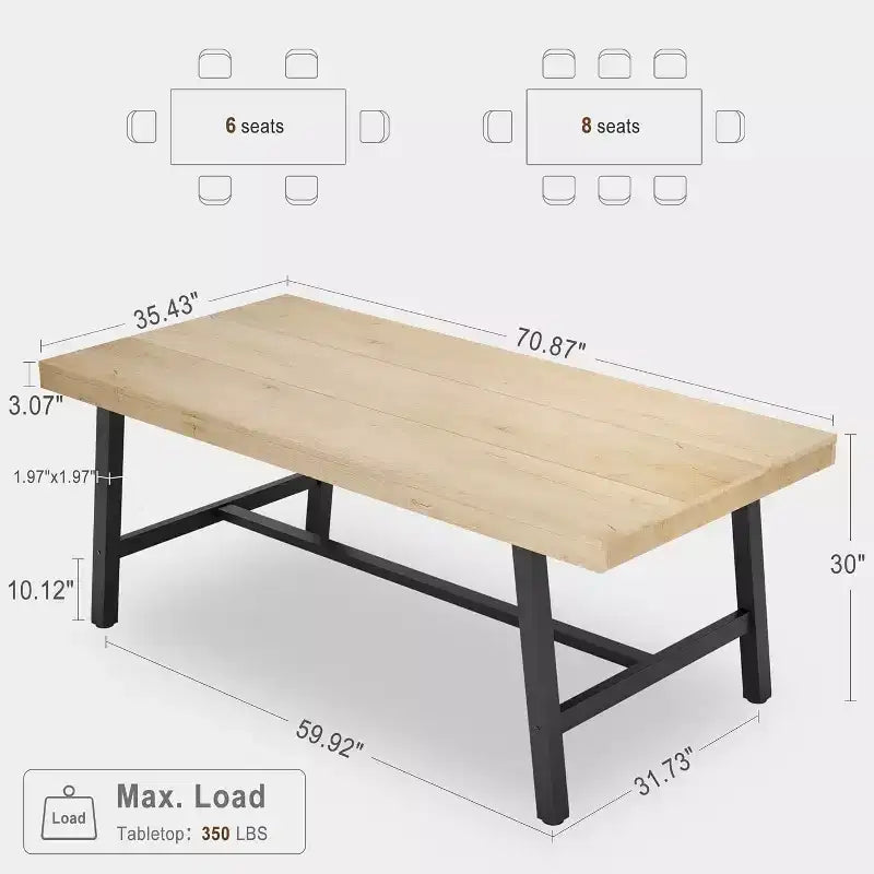 63 Industrial Dining Table for 4-6 People, Wooden Kitchen Table with Sturdy Metal Frame, Rectangular Counter for Dining Room