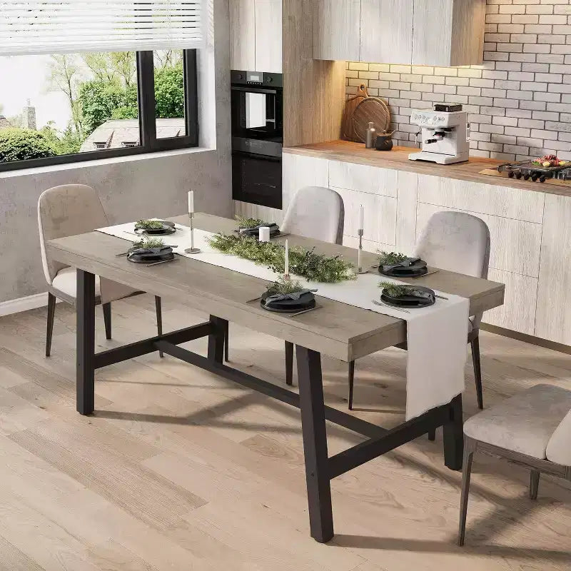 63 Industrial Dining Table for 4-6 People, Wooden Kitchen Table with Sturdy Metal Frame, Rectangular Counter for Dining Room