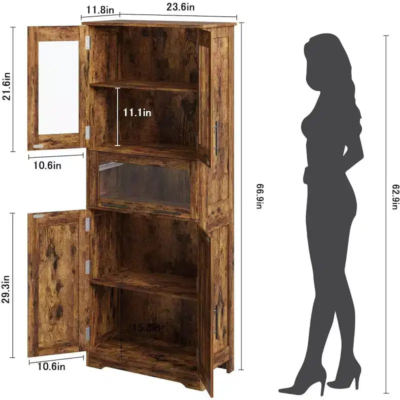 Acekool Tall Storage Cabinet with Glass Doors, Adjustable Shelves & Drawer, Slim Organizer for Kitchen, Bathroom, Living Room