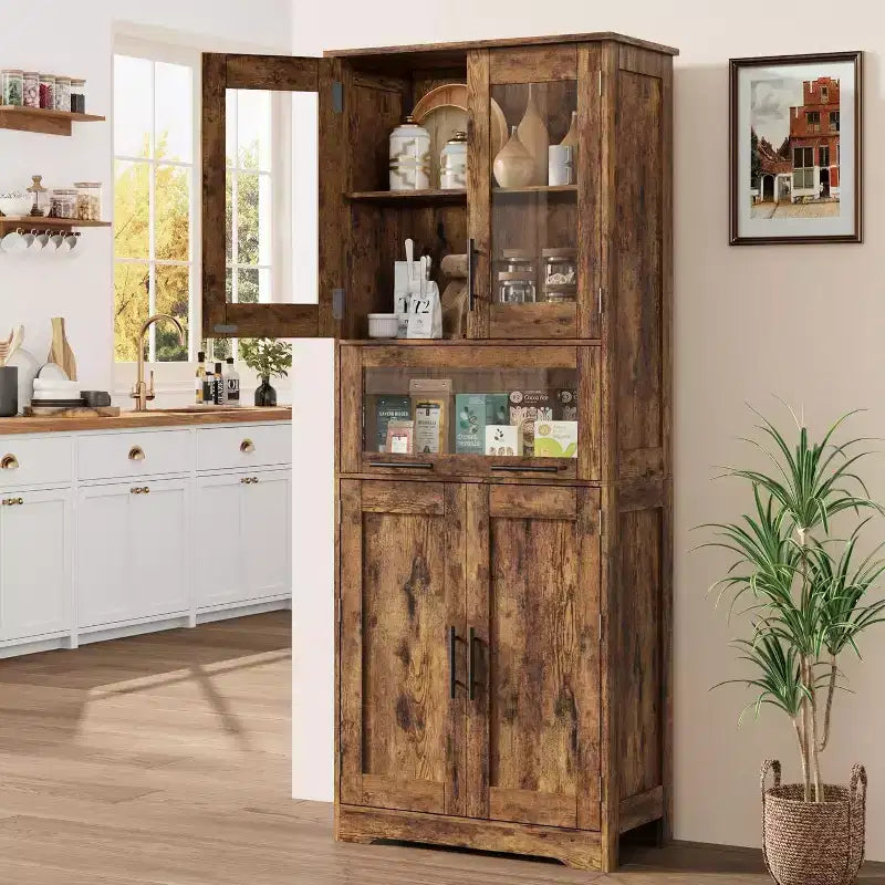 Acekool Tall Storage Cabinet with Glass Doors, Adjustable Shelves & Drawer, Slim Organizer for Kitchen, Bathroom, Living Room