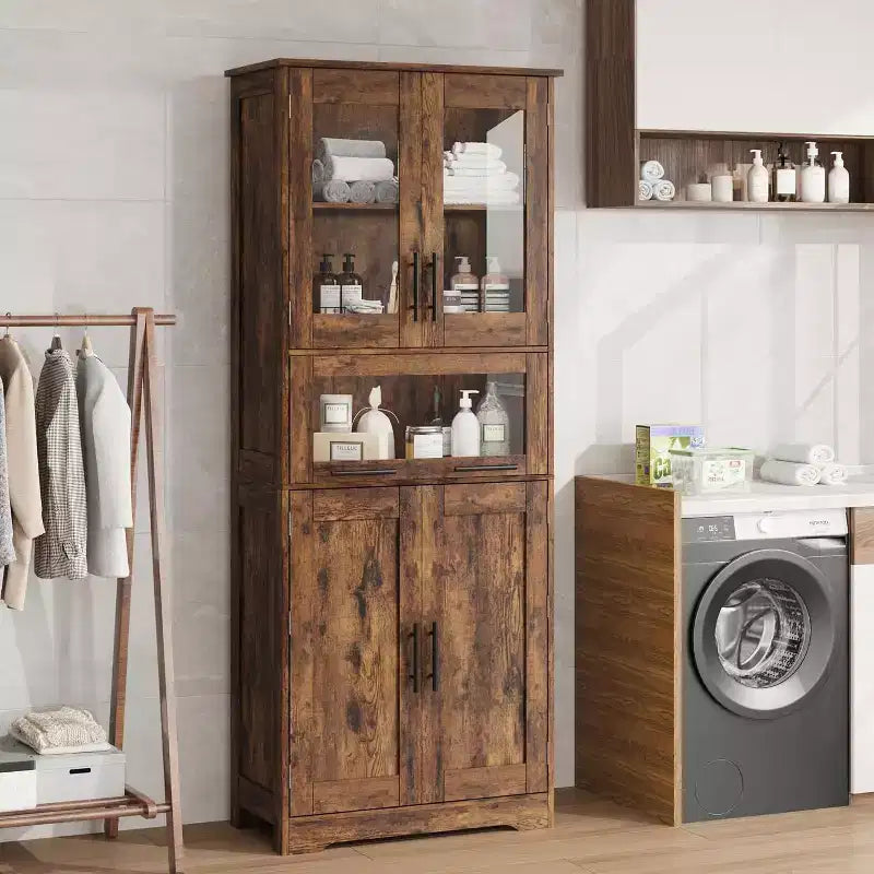 Acekool Tall Storage Cabinet with Glass Doors, Adjustable Shelves & Drawer, Slim Organizer for Kitchen, Bathroom, Living Room
