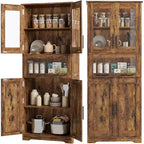 Acekool Tall Storage Cabinet with Glass Doors, Adjustable Shelves & Drawer, Slim Organizer for Kitchen, Bathroom, Living Room