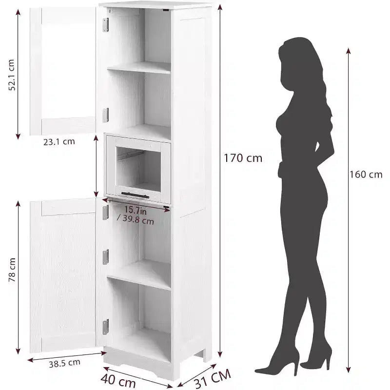 Acekool Tall Storage Cabinet with Glass Doors, Adjustable Shelves & Drawer, Slim Organizer for Kitchen, Bathroom, Living Room