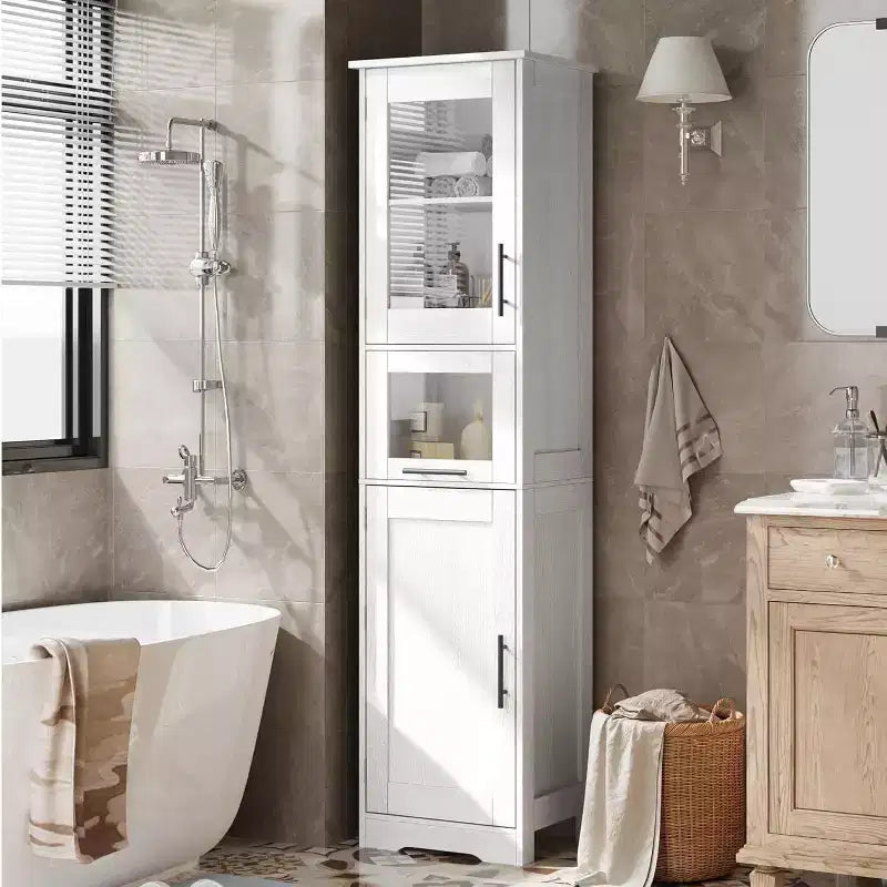 Acekool Tall Storage Cabinet with Glass Doors, Adjustable Shelves & Drawer, Slim Organizer for Kitchen, Bathroom, Living Room