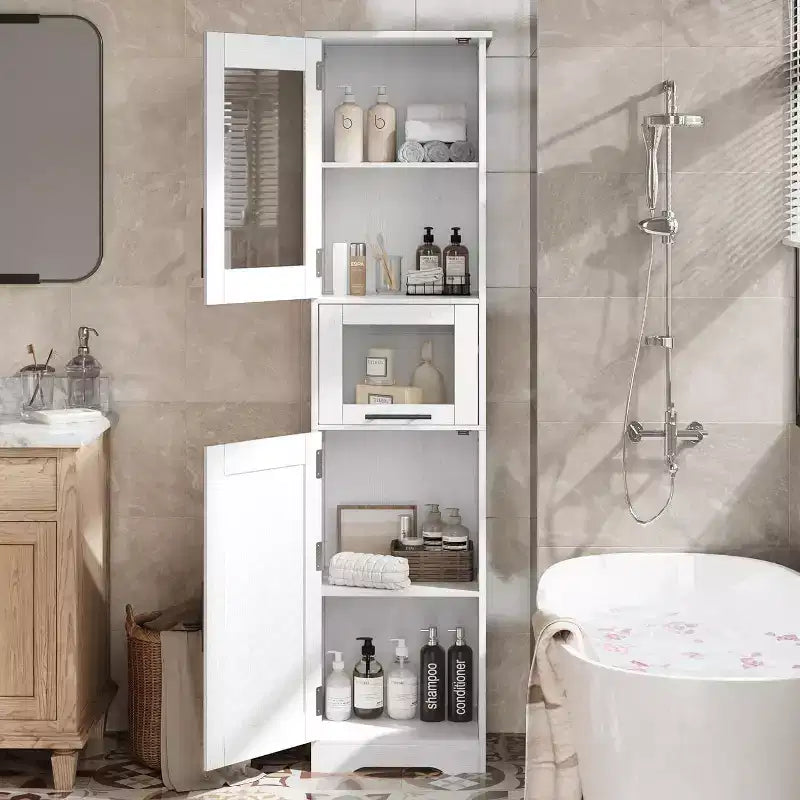 Acekool Tall Storage Cabinet with Glass Doors, Adjustable Shelves & Drawer, Slim Organizer for Kitchen, Bathroom, Living Room