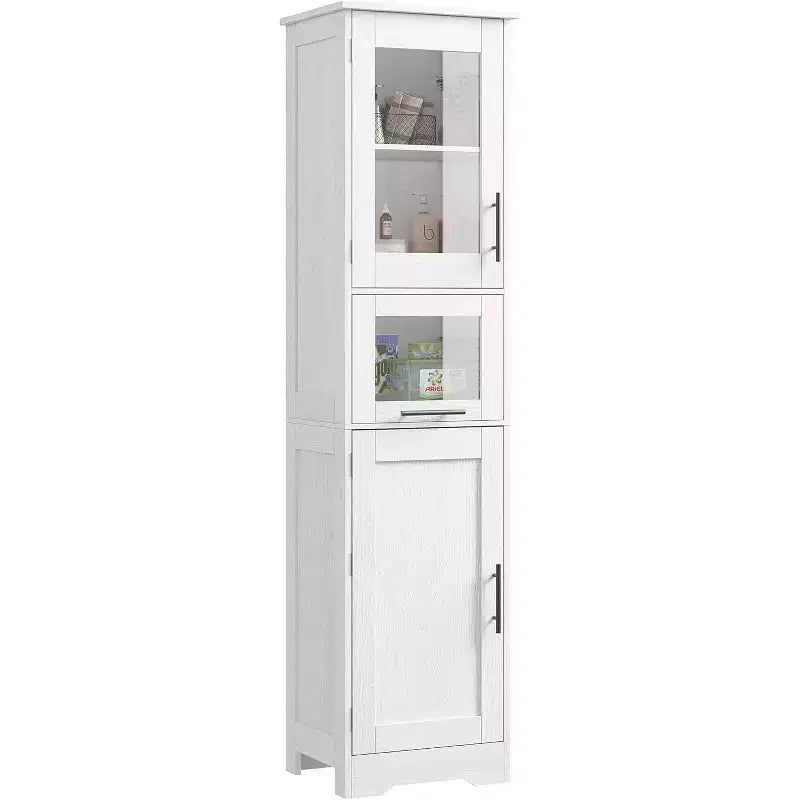 Acekool Tall Storage Cabinet with Glass Doors, Adjustable Shelves & Drawer, Slim Organizer for Kitchen, Bathroom, Living Room