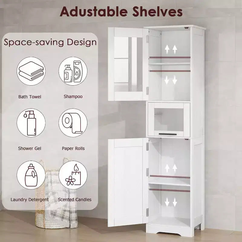 Acekool Tall Storage Cabinet with Glass Doors, Adjustable Shelves & Drawer, Slim Organizer for Kitchen, Bathroom, Living Room