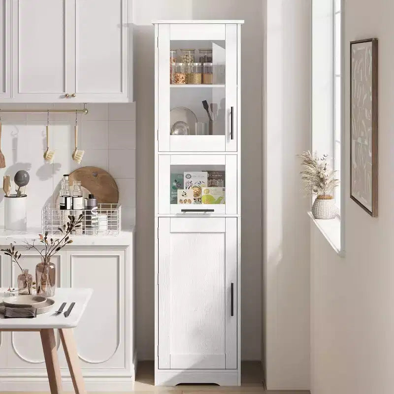 Acekool Tall Storage Cabinet with Glass Doors, Adjustable Shelves & Drawer, Slim Organizer for Kitchen, Bathroom, Living Room