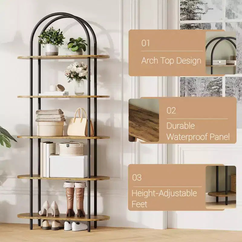 5 Tier Arched Bookcase, 71 Tall Industrial Open Book Shelf, Modern Freestanding Shelving Unit Storage Organiser