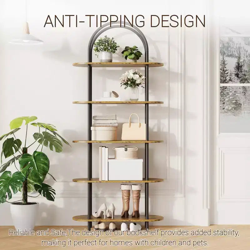 5 Tier Arched Bookcase, 71 Tall Industrial Open Book Shelf, Modern Freestanding Shelving Unit Storage Organiser