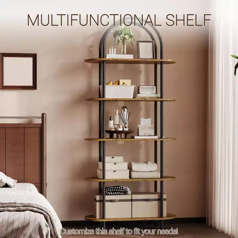 5 Tier Arched Bookcase, 71 Tall Industrial Open Book Shelf, Modern Freestanding Shelving Unit Storage Organiser