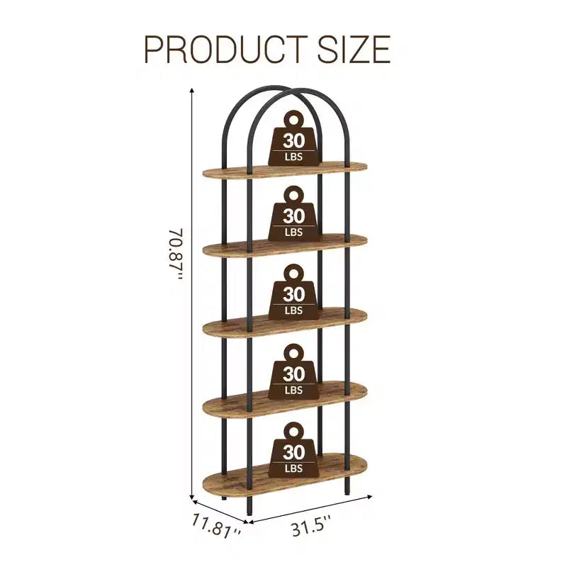 5 Tier Arched Bookcase, 71 Tall Industrial Open Book Shelf, Modern Freestanding Shelving Unit Storage Organiser