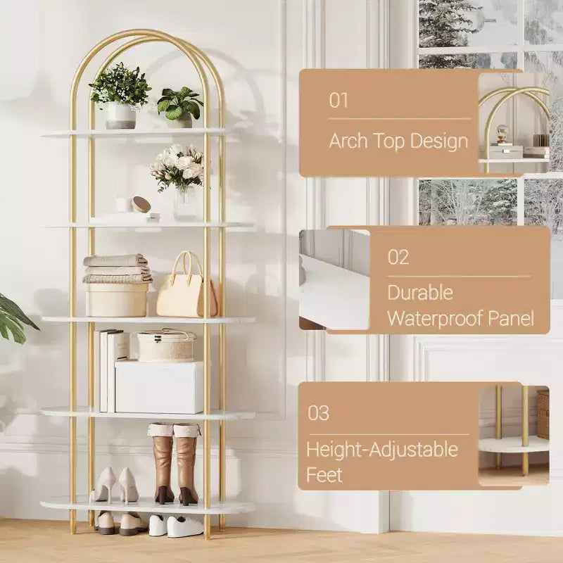 5 Tier Arched Bookcase, 71 Tall Industrial Open Book Shelf, Modern Freestanding Shelving Unit Storage Organiser