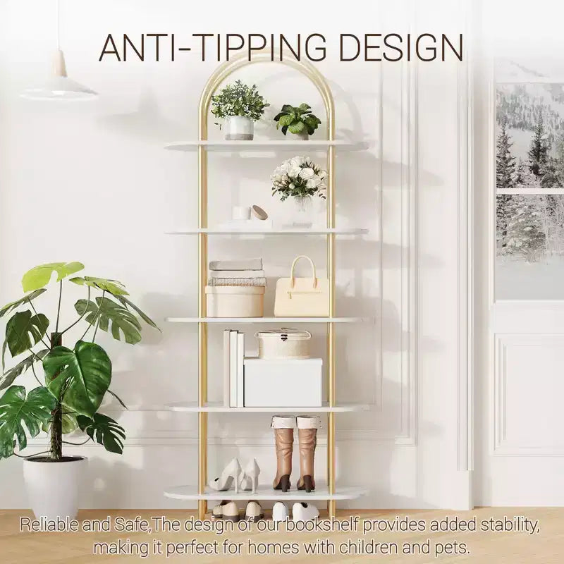 5 Tier Arched Bookcase, 71 Tall Industrial Open Book Shelf, Modern Freestanding Shelving Unit Storage Organiser