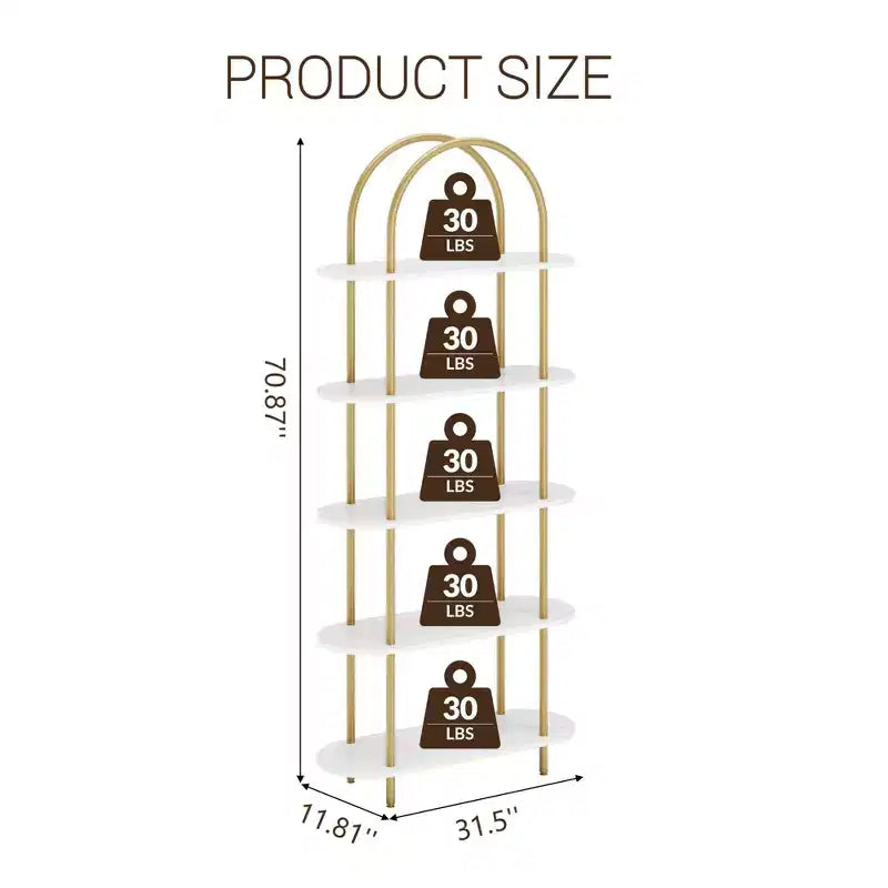 5 Tier Arched Bookcase, 71 Tall Industrial Open Book Shelf, Modern Freestanding Shelving Unit Storage Organiser