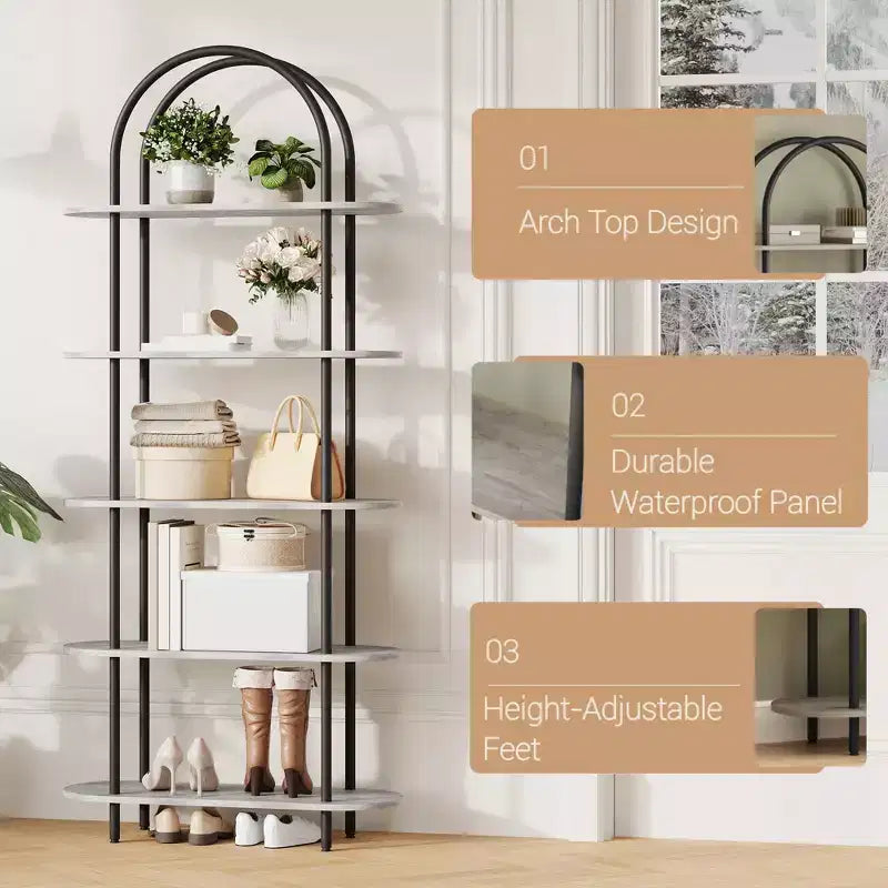 5 Tier Arched Bookcase, 71 Tall Industrial Open Book Shelf, Modern Freestanding Shelving Unit Storage Organiser