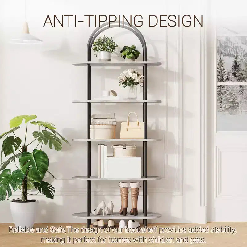5 Tier Arched Bookcase, 71 Tall Industrial Open Book Shelf, Modern Freestanding Shelving Unit Storage Organiser