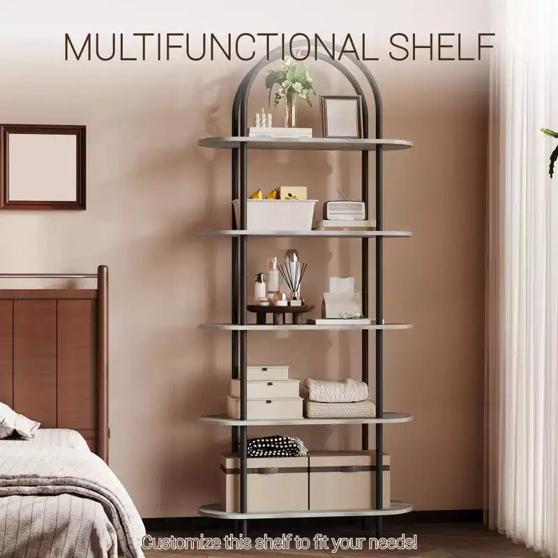 5 Tier Arched Bookcase, 71 Tall Industrial Open Book Shelf, Modern Freestanding Shelving Unit Storage Organiser