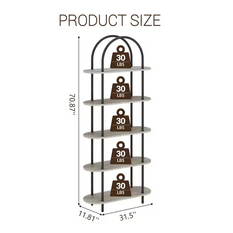 5 Tier Arched Bookcase, 71 Tall Industrial Open Book Shelf, Modern Freestanding Shelving Unit Storage Organiser