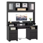 Bestier Executive Hutch Desk with Drawers & Charge Station, 78 H Office Desk LED Modern Wood Computer Desk with Cabinet & Keyboard Tray