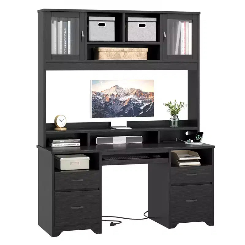 Bestier Executive Hutch Desk with Drawers & Charge Station, 78 H Office Desk LED Modern Wood Computer Desk with Cabinet & Keyboard Tray