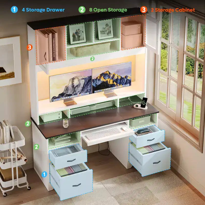 Bestier Executive Hutch Desk with Drawers & Charge Station, 78 H Office Desk LED Modern Wood Computer Desk with Cabinet & Keyboard Tray