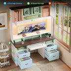 Bestier Executive Hutch Desk with Drawers & Charge Station, 78 H Office Desk LED Modern Wood Computer Desk with Cabinet & Keyboard Tray