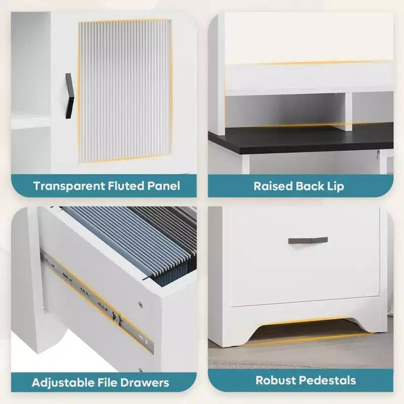 Bestier Executive Hutch Desk with Drawers & Charge Station, 78 H Office Desk LED Modern Wood Computer Desk with Cabinet & Keyboard Tray