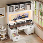 Bestier Executive Hutch Desk with Drawers & Charge Station, 78 H Office Desk LED Modern Wood Computer Desk with Cabinet & Keyboard Tray