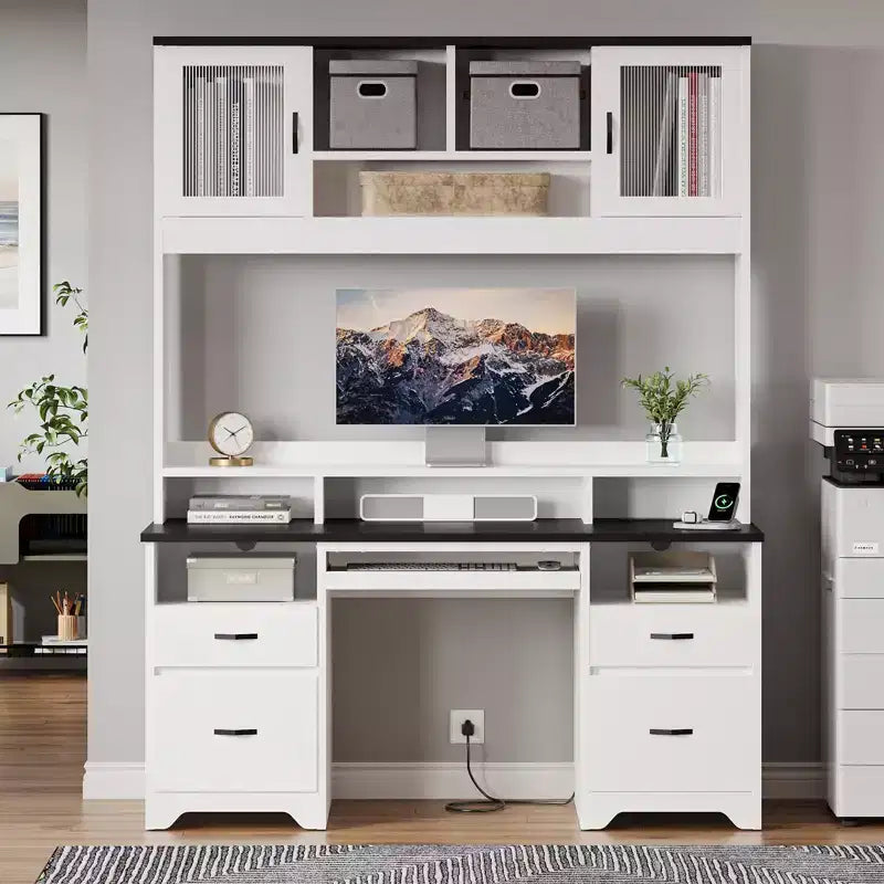 Bestier Executive Hutch Desk with Drawers & Charge Station, 78 H Office Desk LED Modern Wood Computer Desk with Cabinet & Keyboard Tray