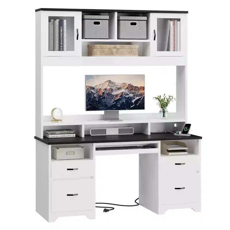 Bestier Executive Hutch Desk with Drawers & Charge Station, 78 H Office Desk LED Modern Wood Computer Desk with Cabinet & Keyboard Tray