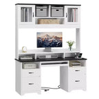Bestier Executive Hutch Desk with Drawers & Charge Station, 78 H Office Desk LED Modern Wood Computer Desk with Cabinet & Keyboard Tray