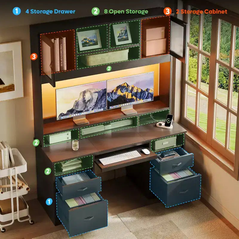 Bestier Executive Hutch Desk with Drawers & Charge Station, 78 H Office Desk LED Modern Wood Computer Desk with Cabinet & Keyboard Tray