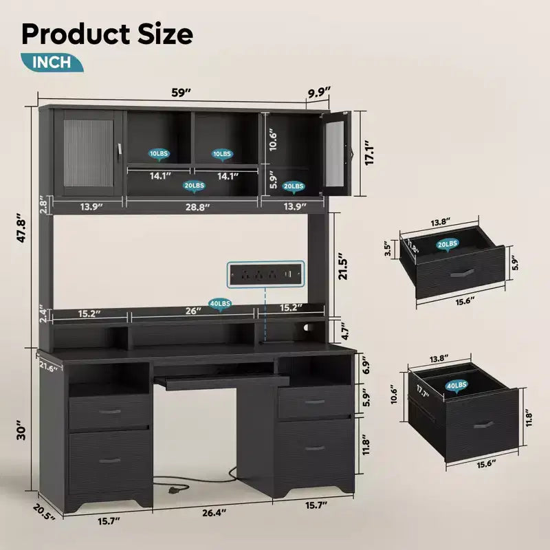 Bestier Executive Hutch Desk with Drawers & Charge Station, 78 H Office Desk LED Modern Wood Computer Desk with Cabinet & Keyboard Tray