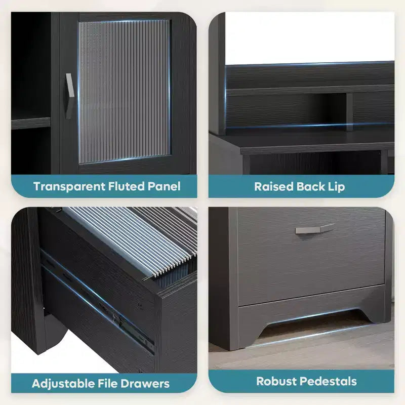 Bestier Executive Hutch Desk with Drawers & Charge Station, 78 H Office Desk LED Modern Wood Computer Desk with Cabinet & Keyboard Tray