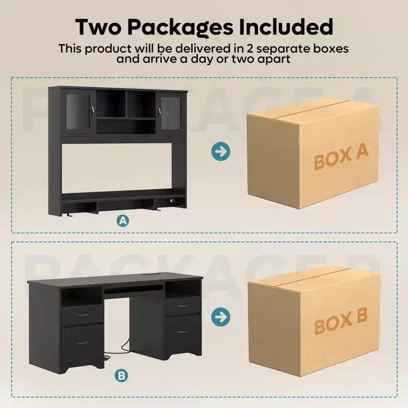 Bestier Executive Hutch Desk with Drawers & Charge Station, 78 H Office Desk LED Modern Wood Computer Desk with Cabinet & Keyboard Tray