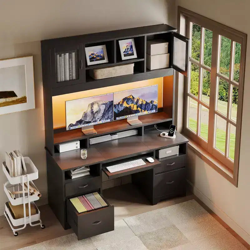 Bestier Executive Hutch Desk with Drawers & Charge Station, 78 H Office Desk LED Modern Wood Computer Desk with Cabinet & Keyboard Tray