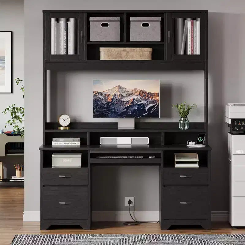Bestier Executive Hutch Desk with Drawers & Charge Station, 78 H Office Desk LED Modern Wood Computer Desk with Cabinet & Keyboard Tray
