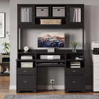 Bestier Executive Hutch Desk with Drawers & Charge Station, 78 H Office Desk LED Modern Wood Computer Desk with Cabinet & Keyboard Tray