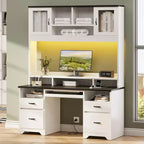 Bestier Executive Hutch Desk with Drawers & Charge Station, 78 H Office Desk LED Modern Wood Computer Desk with Cabinet & Keyboard Tray